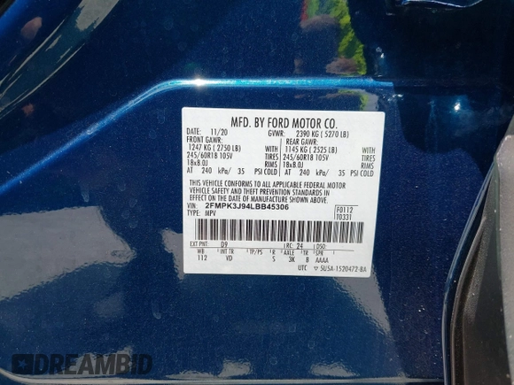 2020 Ford Edge SEL z VIN 2FMPK3J94LBB45306, wystawiony jako IAAI lot #39398218 z przebiegiem 59 807 mil mil oraz . Historia ofert i sprzedaży dostępna na DreamBid. Obrazek 9.