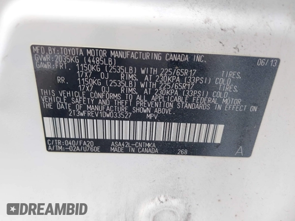 2013 Toyota RAV4 XLE with VIN 2T3WFREV1DW033527, listed as a IAAI auction lot 42632199 with 183,273 mi miles and . Bid and sale history available at DreamBid. Image 9.