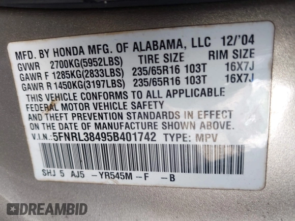 2005 Honda Odyssey EX with VIN 5FNRL38495B401742, listed as a IAAI auction lot 42133434 with 162,161 mi miles and . Bid and sale history available at carsss.com. Image 9.