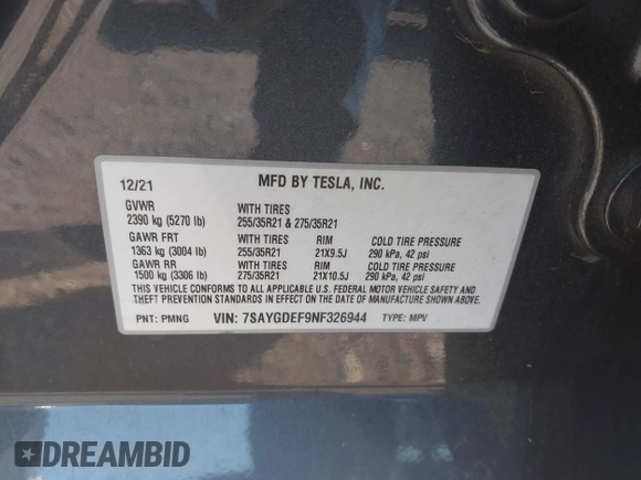 2022 Tesla Model Y Performance with VIN 7SAYGDEF9NF326944, listed as a IAAI auction lot 42111633 with Not Provided miles and . Bid and sale history available at DreamBid. Image 9.