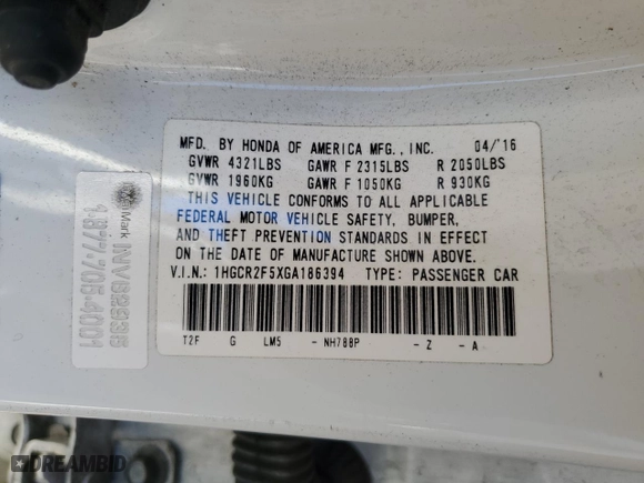 2016 Honda Accord Sedan Sport with VIN 1HGCR2F5XGA186394, listed as a Copart auction lot 43765285 with 49,223 mi miles and Salvage Title. Bid and sale history available at carsss.com. Image 13.