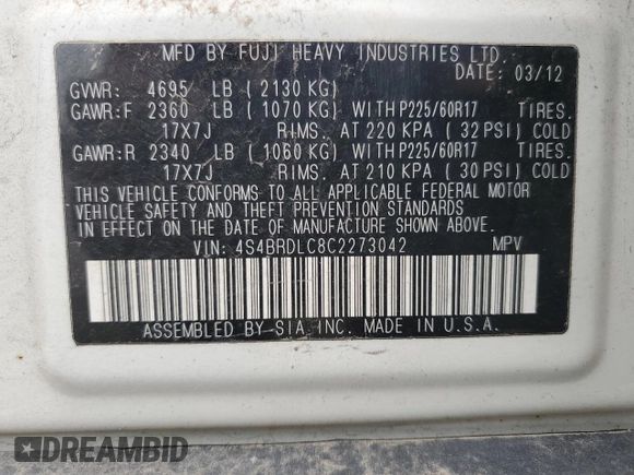 2012 Subaru Outback Limited с VIN 4S4BRDLC8C2273042, выставлен на аукционе Copart как лот 58375965 с пробегом 230 204 миль миль и Чистый • Clean title. История ставок и продаж доступна на DreamBid. Изображение 13.