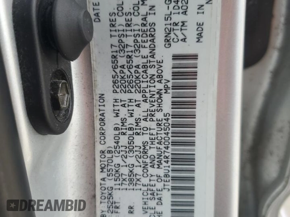 2004 Toyota 4Runner SR5 with VIN JTEBU14R740045045, listed as a Copart auction lot 52550935 with 253,065 mi miles and Salvage Title. Bid and sale history available at DreamBid. Image 13.