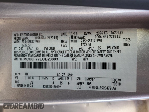 2014 Ford Escape S with VIN 1FMCU0F77EUB23893, listed as a Copart auction lot 52573985 with 101,383 mi miles and Salvage Title. Bid and sale history available at carsss.com. Image 15.
