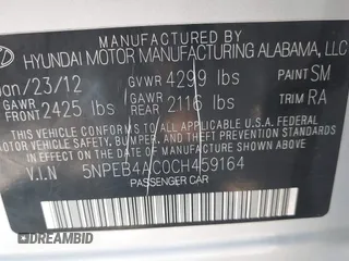 2012 Hyundai Sonata GLS with VIN 5NPEB4AC0CH459164, listed as a IAAI auction lot 41968509 with 68,328 mi miles and . Bid and sale history available at carsss.com. Image 9.