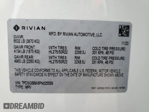 2023 Rivian R1S Adventure with VIN 7PDSGBBA6PN025559, listed as a Copart auction lot 53683435 with 0 mi miles and Salvage Title. Bid and sale history available at carsss.com. Image 13.