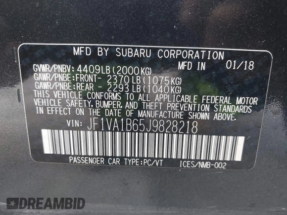 2018 Subaru WRX Premium with VIN JF1VA1B65J9828218, listed as a IAAI auction lot 40550359 with 50,189 mi miles. Bid and sale history available at carsss.com. Image 9.