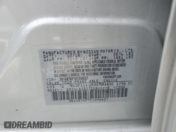 2019 Nissan Sentra SV with VIN 3N1AB7AP7KY246607, listed as a Copart auction lot 48847265 with 63,054 mi miles and Salvage Title. Bid and sale history available at DreamBid. Image 12.