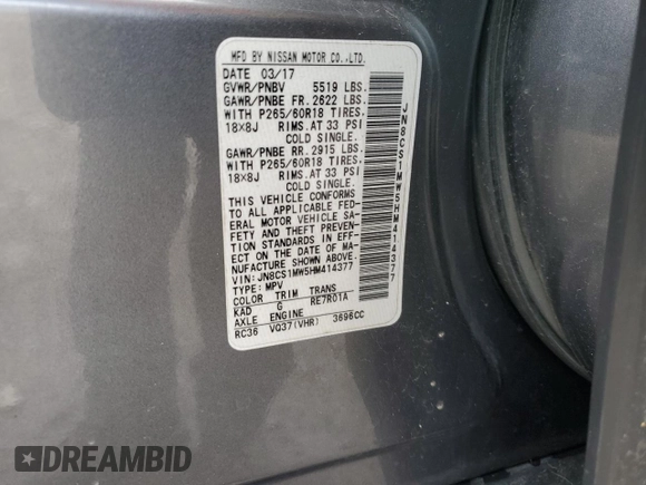 2017 Infiniti QX70 z VIN JN8CS1MW5HM414377, wystawiony jako Copart lot #46922715 z przebiegiem 156 915 mil mil oraz Szkoda całkowita • Salvage title. Historia ofert i sprzedaży dostępna na DreamBid. Obrazek 14.
