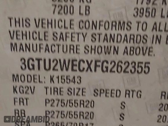 2015 GMC Sierra 1500 Denali with VIN 3GTU2WECXFG262355, listed as a IAAI auction lot 41449684 with 251,279 mi miles. Bid and sale history available at carsss.com. Image 9.