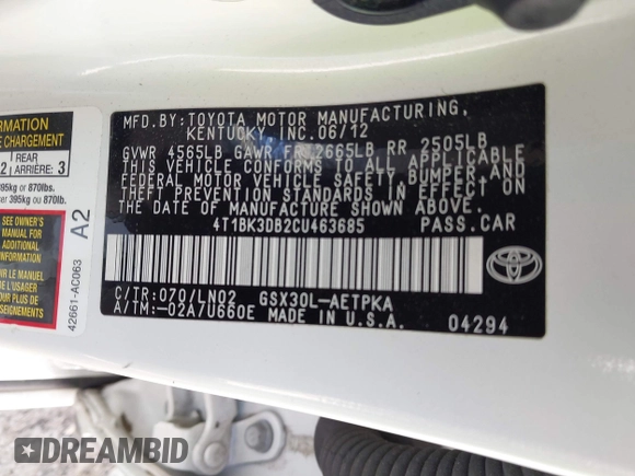 2012 Toyota Avalon with VIN 4T1BK3DB2CU463685, listed as a IAAI auction lot 41761299 with 72,934 mi miles and . Bid and sale history available at DreamBid. Image 9.