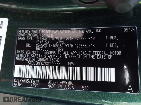 2024 Toyota Sienna XLE with VIN 5TDJSKFC7RS135935, listed as a IAAI auction lot 41409630 with 5,477 mi miles and . Bid and sale history available at DreamBid. Image 9.