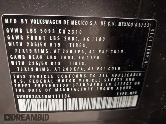 2022 Volkswagen Tiguan SE R-Line Black with VIN 3VV8B7AX1NM111194, listed as a IAAI auction lot 42254124 with 22,748 mi miles and . Bid and sale history available at DreamBid. Image 9.