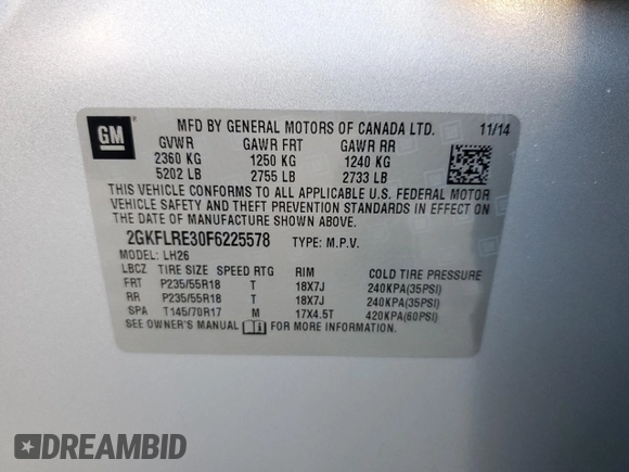 2015 GMC Terrain SLE with VIN 2GKFLRE30F6225578, listed as a Copart auction lot 87918005 with 114,768 mi miles and Clean title. Bid and sale history available at DreamBid. Image 14.