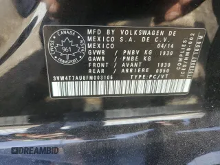 2015 Volkswagen GTI S с VIN 3VW4T7AU8FM003105, выставлен на аукционе Copart как лот 58655585 с пробегом 180 609 миль миль и Чистый • Clean title. История ставок и продаж доступна на DreamBid. Изображение 12.