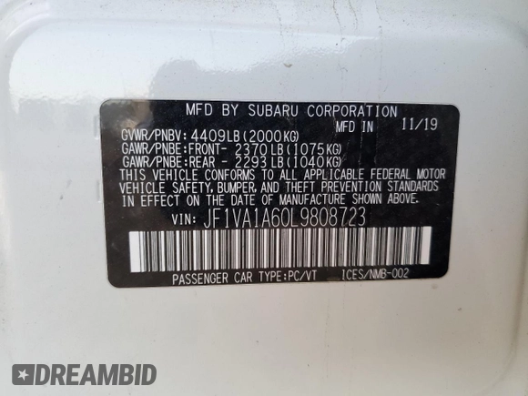 2020 Subaru WRX with VIN JF1VA1A60L9808723, listed as a Copart auction lot 42851725 with Not Provided miles and Salvage Title. Bid and sale history available at carsss.com. Image 13.