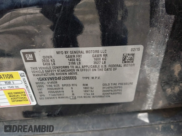 2015 GMC Acadia SLE with VIN 1GKKVNED4FJ286669, listed as a IAAI auction lot 42551027 with 154,610 mi miles and . Bid and sale history available at DreamBid. Image 9.