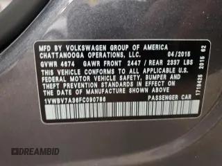 2015 Volkswagen Passat SE with VIN 1VWBV7A36FC090786, listed as a Copart auction lot 61056925 with 120,331 mi miles and Salvage title. Bid and sale history available at DreamBid. Image 12.