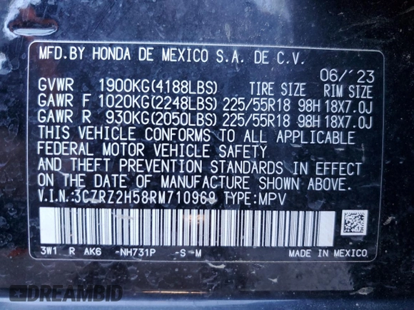2024 Honda HR-V Sport with VIN 3CZRZ2H58RM710969, listed as a Copart auction lot 46715935 with 20,829 mi miles and Salvage Title. Bid and sale history available at carsss.com. Image 14.