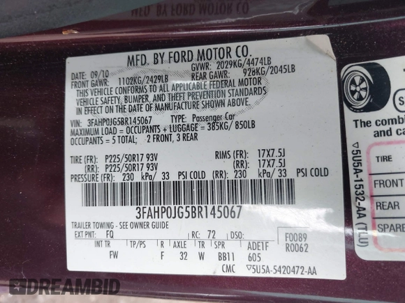 2011 Ford Fusion SEL with VIN 3FAHP0JG5BR145067, listed as a IAAI auction lot 41521268 with 245,430 mi miles. Bid and sale history available at carsss.com. Image 9.