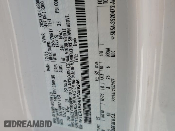 2017 Ford F-150 XL with VIN 1FTEX1E84HFA89246, listed as a Copart auction lot 51605915 with 98,702 mi miles and Salvage title. Bid and sale history available at DreamBid. Image 13.