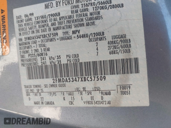 1999 Ford Windstar SEL z VIN 2FMDA5347XBC57509, wystawiony jako IAAI lot #42036951 z przebiegiem 175 478 mil mil oraz . Historia ofert i sprzedaży dostępna na DreamBid. Obrazek 9.