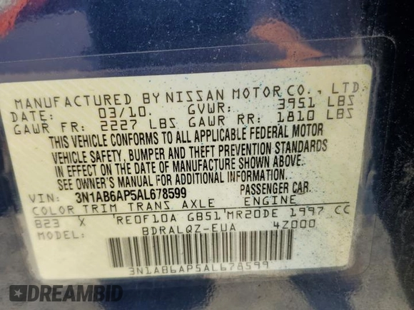 2010 Nissan Sentra S with VIN 3N1AB6AP5AL678599, listed as a Copart auction lot 62484895 with Not provided miles and Salvage title. Bid and sale history available at DreamBid. Image 12.