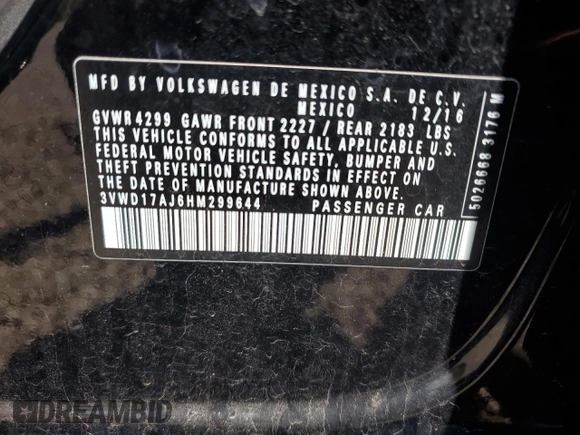 2017 Volkswagen Jetta Sport with VIN 3VWD17AJ6HM299644, listed as a Copart auction lot 57239365 with 100,067 mi miles and Salvage title. Bid and sale history available at DreamBid. Image 12.