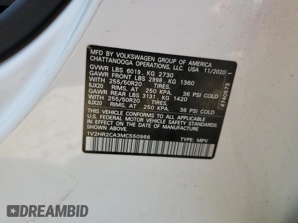 2021 Volkswagen Atlas SE z VIN 1V2HR2CA3MC550966, wystawiony jako Copart lot #44736935 z przebiegiem 91 152 mil mil oraz Szkoda całkowita • Salvage title. Historia ofert i sprzedaży dostępna na DreamBid. Obrazek 14.