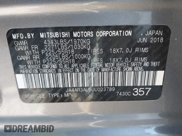 2018 Mitsubishi Outlander Sport ES 2.0 with VIN JA4AR3AU5JU023789, listed as a IAAI auction lot 41338940 with 51,425 mi miles. Bid and sale history available at carsss.com. Image 9.
