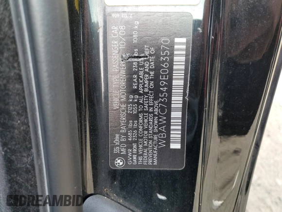 2009 BMW 3 Series 335i xDrive with VIN WBAWC73549E063570, listed as a Copart auction lot 48455575 with 127,726 mi miles and Salvage Title. Bid and sale history available at carsss.com. Image 12.