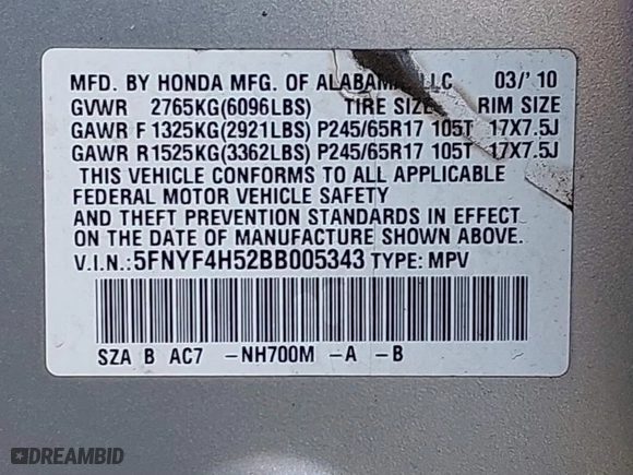 2011 Honda Pilot EX-L with VIN 5FNYF4H52BB005343, listed as a IAAI auction lot 41948030 with 271,869 mi miles. Bid and sale history available at carsss.com. Image 9.