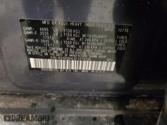 2015 Subaru Outback Premium with VIN 4S4BSBHC9F3270330, listed as a Copart auction lot 59018225 with 105,057 mi miles and Salvage title. Bid and sale history available at DreamBid. Image 13.