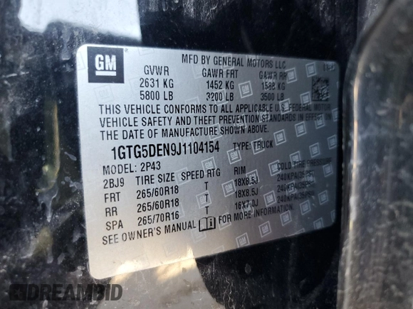 2018 GMC Canyon 2WD SLT with VIN 1GTG5DEN9J1104154, listed as a Copart auction lot 41814135 with 151,018 mi miles and Salvage Title. Bid and sale history available at DreamBid. Image 13.
