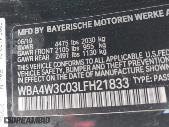 2020 BMW 4 Series 430i with VIN WBA4W3C03LFH21833, listed as a IAAI auction lot 42432388 with Not provided miles and . Bid and sale history available at DreamBid. Image 9.