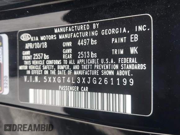 2018 Kia Optima LX with VIN 5XXGT4L3XJG261199, listed as a Copart auction lot 48637255 with 107,293 mi miles and Salvage Title. Bid and sale history available at carsss.com. Image 14.