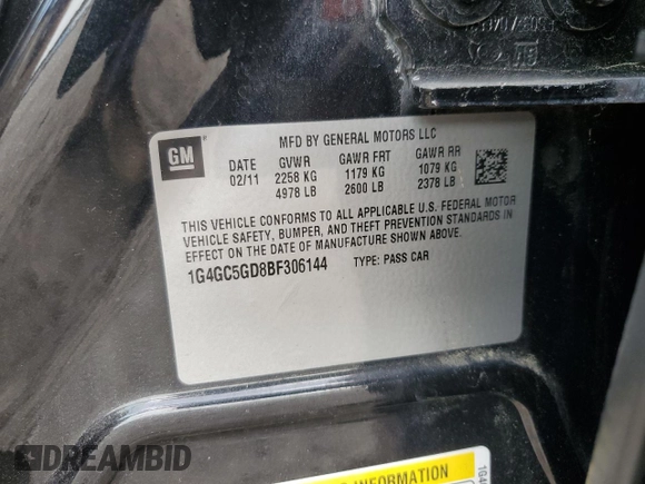 2011 Buick LaCrosse CXL с VIN 1G4GC5GD8BF306144, выставлен на аукционе Copart как лот 59746915 с пробегом 120 023 миль миль и Списание • Salvage title. История ставок и продаж доступна на DreamBid. Изображение 12.