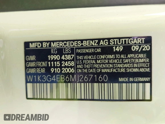 2021 Mercedes-Benz A 220 with VIN W1K3G4EB6MJ267160, listed as a IAAI auction lot 41773204 with 56,827 mi miles and . Bid and sale history available at DreamBid. Image 9.