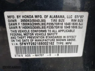 2008 Honda Pilot VP with VIN 5FNYF28218B002162, listed as a IAAI auction lot 39063504 with 252,691 mi miles. Bid and sale history available at carsss.com. Image 9.