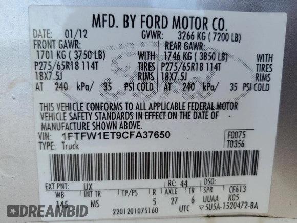 2012 Ford F-150 XL with VIN 1FTFW1ET9CFA37650, listed as a Copart auction lot 63564765 with 193,411 mi miles and Clean title. Bid and sale history available at DreamBid. Image 13.