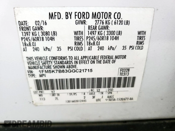 2016 Ford Explorer with VIN 1FM5K7B83GGC21715, listed as a Copart auction lot 57499095 with 167,416 mi miles and Salvage title. Bid and sale history available at DreamBid. Image 13.
