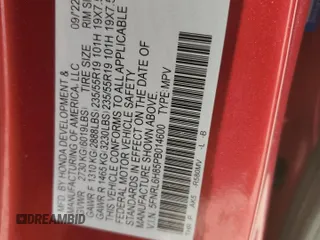 2023 Honda Odyssey Touring with VIN 5FNRL6H85PB014600, listed as a Copart auction lot 49861005 with Not Provided miles and Non Repairable. Bid and sale history available at DreamBid. Image 13.