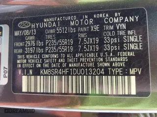 2013 Hyundai Santa Fe Limited with VIN KM8SR4HF1DU013204, listed as a IAAI auction lot 41749325 with 1 mi miles. Bid and sale history available at carsss.com. Image 9.