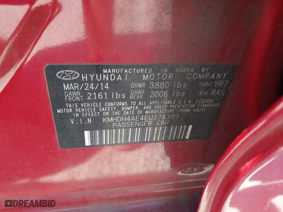 2014 Hyundai Elantra SE with VIN KMHDH4AE4EU174399, listed as a IAAI auction lot 41900852 with 100,660 mi miles. Bid and sale history available at carsss.com. Image 9.