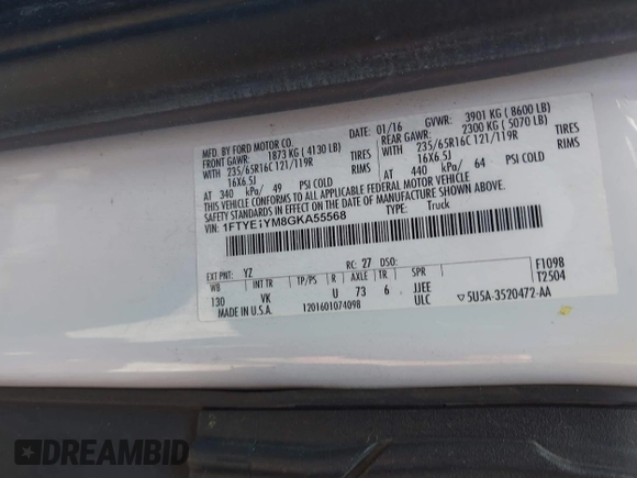 2016 Ford Transit Cargo with VIN 1FTYE1YM8GKA55568, listed as a IAAI auction lot 42055170 with 171,065 mi miles and . Bid and sale history available at DreamBid. Image 9.