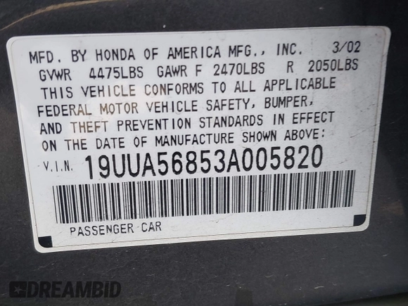 2003 Acura TL Type S with VIN 19UUA56853A005820, listed as a IAAI auction lot 41957844 with 138,708 mi miles. Bid and sale history available at carsss.com. Image 9.