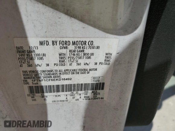 2014 Ford F-150 XL with VIN 1FTNF1CF6EKD16492, listed as a Copart auction lot 64820745 with 209,629 mi miles and Salvage title. Bid and sale history available at DreamBid. Image 12.