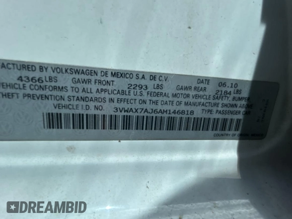 2010 Volkswagen Jetta Limited Edition with VIN 3VWAX7AJ6AM146818, listed as a Copart auction lot 51991495 with 131,089 mi miles and Clean title. Bid and sale history available at DreamBid. Image 10.