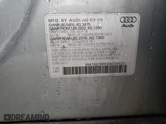 2009 Audi Q5 Premium Plus with VIN WA1KK78R59A036623, listed as a Copart auction lot 41005684 with Not provided miles and Non repairable. Bid and sale history available at DreamBid. Image 15.