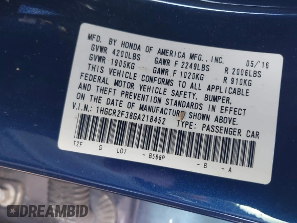 2016 Honda Accord Sedan LX with VIN 1HGCR2F38GA218452, listed as a IAAI auction lot 41510450 with 76,993 mi miles. Bid and sale history available at carsss.com. Image 9.